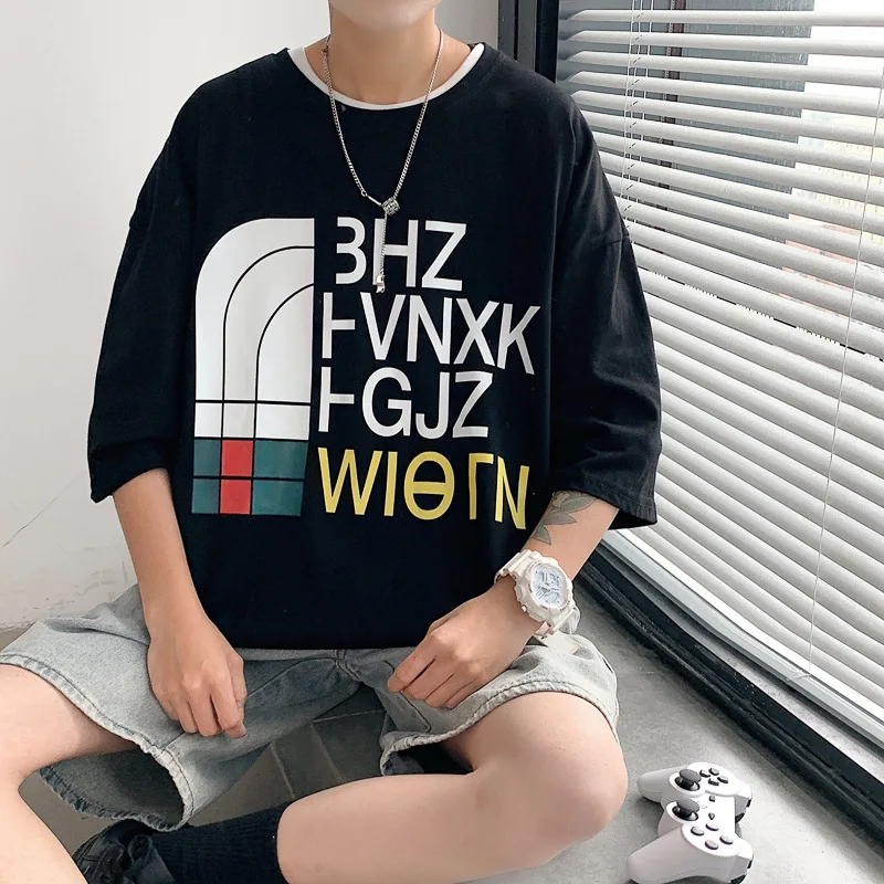 

2021 Summer Camisa Mens Clothing T Shirt Man Oversized T-shirt English Elements Print Smart Casual Short Hipster Funny Tshirt