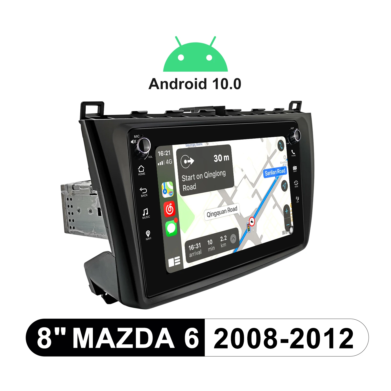 저렴한 8 인치 헤드 유닛 안드로이드 10.0 터치 스크린 라디오 스테레오 자동차 멀티미디어 플레이어 1 Din, 마쓰다 6 2008-2012 무선 카플레이 4G