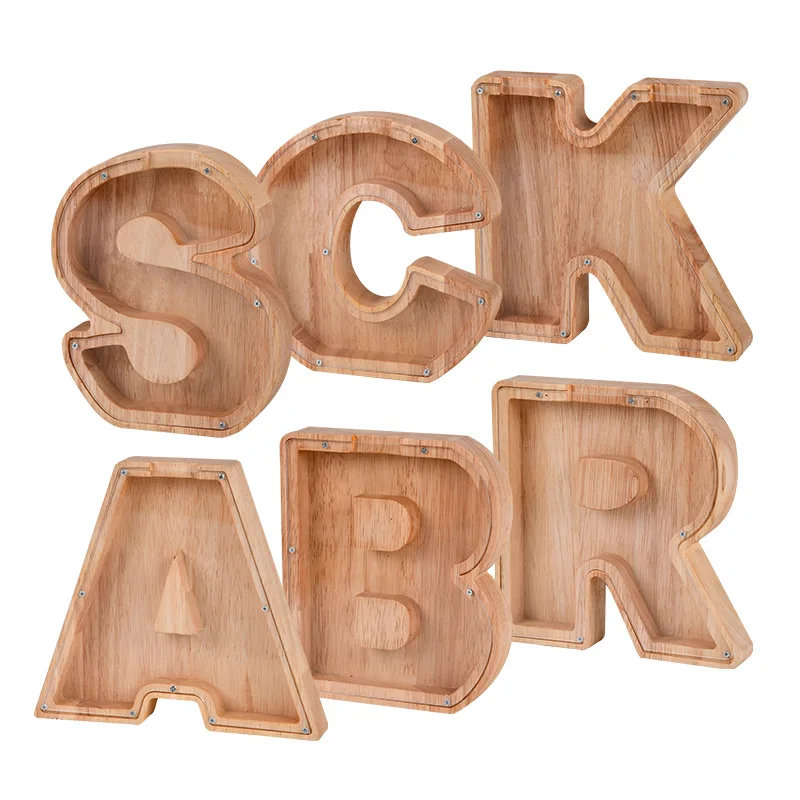 

2022 New Creative Wooden English Letter Piggy Bank Transparent Glass Piggy Bank Home Decoration Desktop Decor Can Print Logo