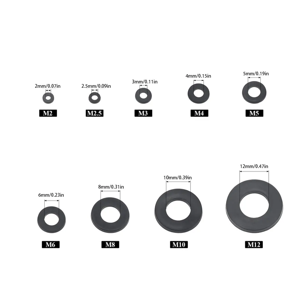 

700PCS/Set Nylon Flat Washers Assortment Kit Metric Sealing Spacer Gasket Ring Black M2 M2.5 M3 M4 M5 M6 M8 M10 M12 Washers