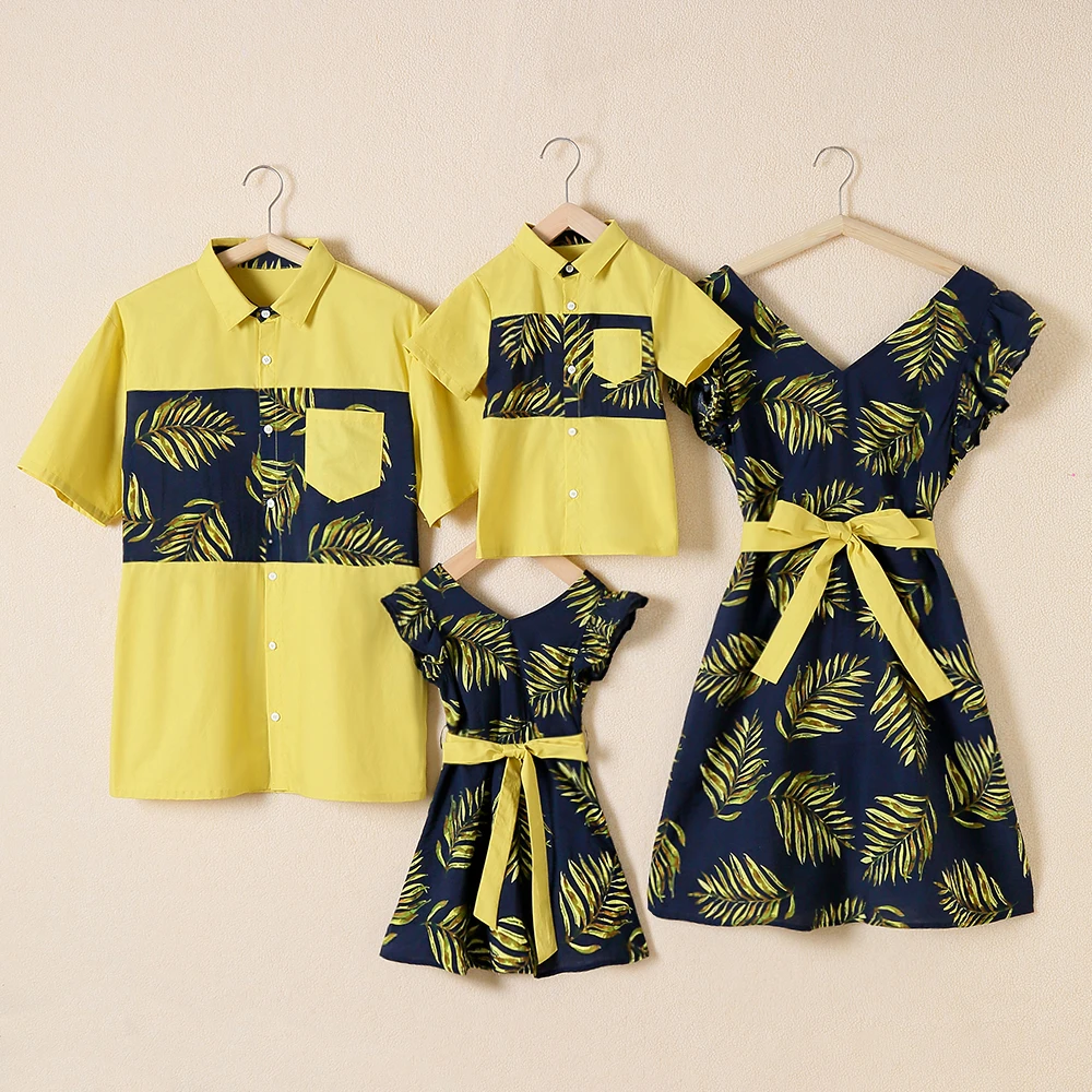 

PopReal Parent-Child Outfit Mother And Daughter Dress Print Father And Son T-Shirt Family Clothing Sets Pocket Bow Belt