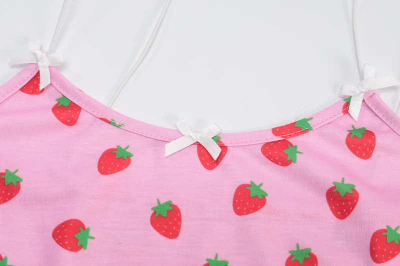 

Women Sweet Strawberry Print Crop Tops Pink Bow Summer Beach Tanks Sun-tops Camisole