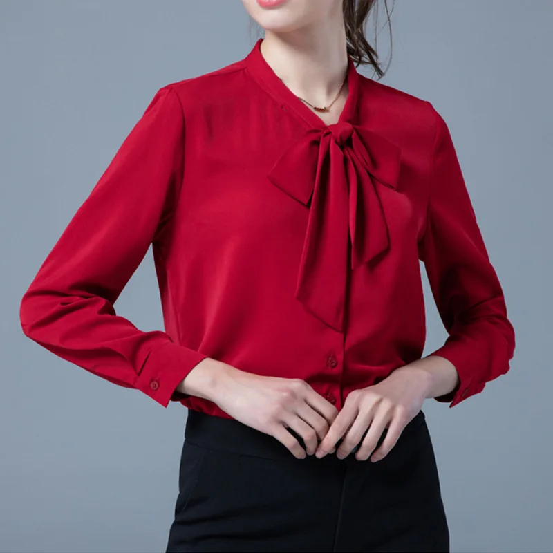 

Spring Solid Color Lapel Long Sleeve Women's Shirt Bowknot Ribbon Top Women's Business Wear Women's Shirts