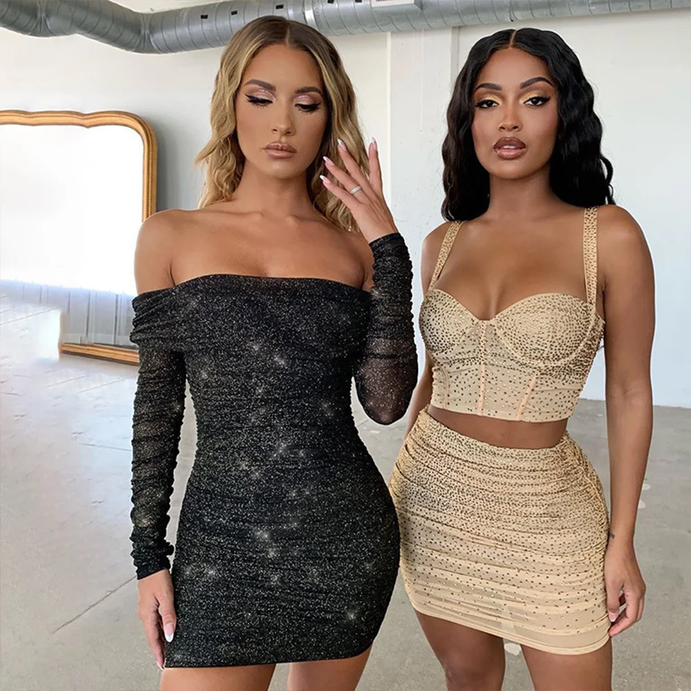 Evening Party Night Dress Girls Long Sleeve Slash Neck Sequin Sexy Women 2020 New Pleated Slim Fit Mini Wrap D30 | Женская одежда