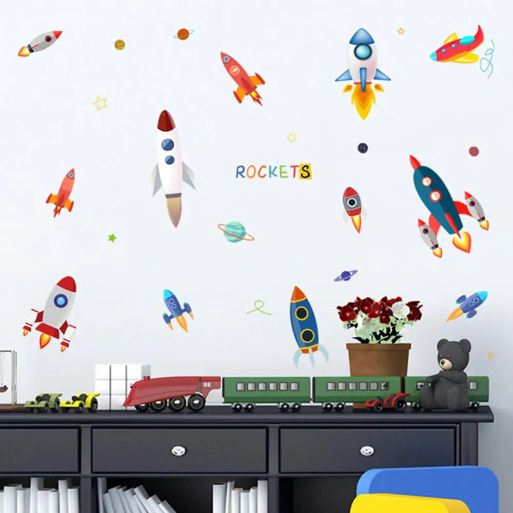 Rocket Ship Astronaut Creative Vinyl Wall Sticker For Boy Room Decoration Outer Space Decal Nursery Kids Bedroom Decor | Дом и сад