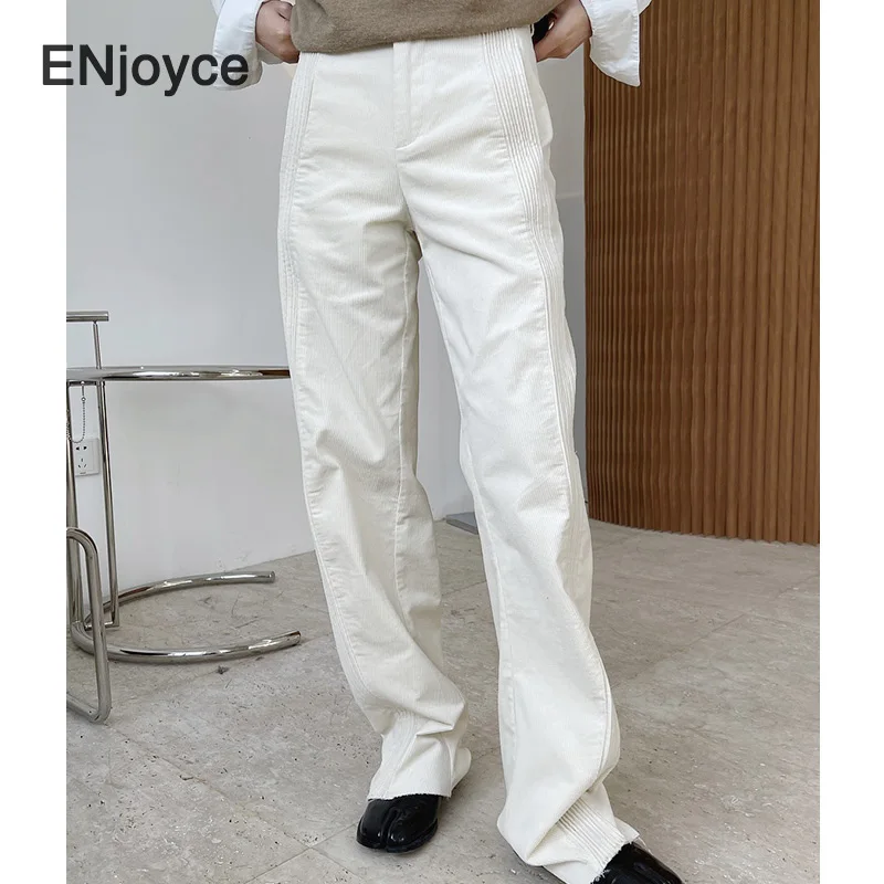 Woman Pants 2021 Spring New High Waist Wide Leg Plus Long Straight Corduroy Pants Female White Casual Raw Edge Loose Trousers