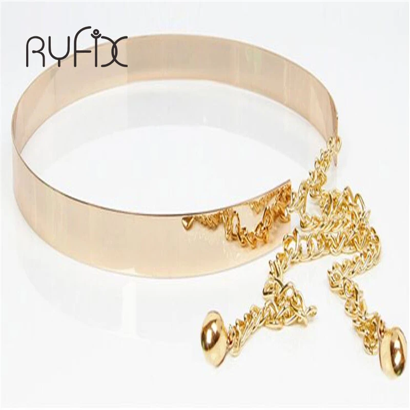 

Модные дизайнерские ремни, новинка 2023 года, металлическая зеркальная поясная пряжка для женщин 4,5 см, широкий поясной ремень золотистого цвета с цепочками BL07