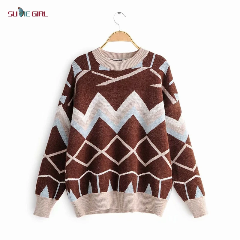 

SUDIE Girl Autumn and winter new retro loose hit color round neck pullover sweater long sleeve sweater
