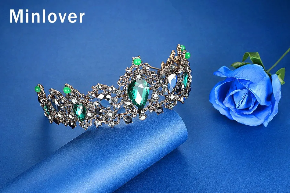 Minlover зеленый кристалл барокко невесты диадемы и короны для женщин Свадебные украшения волос аксессуары королева диадема, Корона повязка на голову