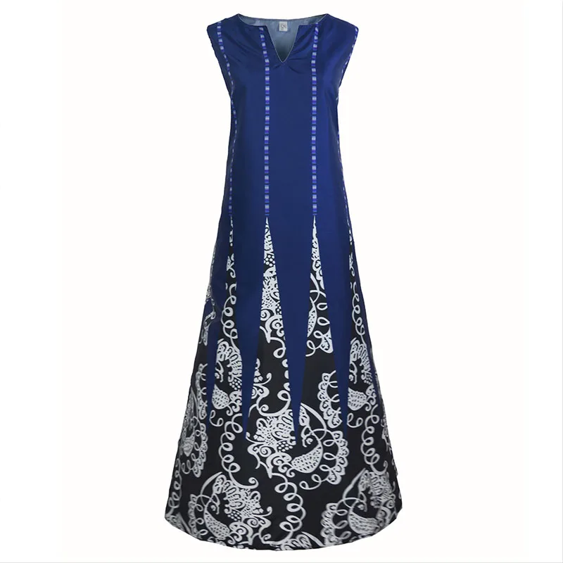 

Woman V-neck Retro Flower Print Dress 2021 Summer Sleeveless Pocket Long Dress Beach Party Plus Size Maxi Dress For Women