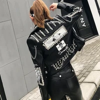 3d graffiti soft pu leather jackets female cartoon leather jacket rivet beading punk rock cropped leather outerwear f2217