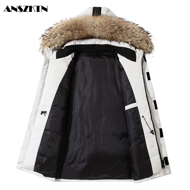 Мужской пуховик с большим воротником из натурального меха теплая парка для