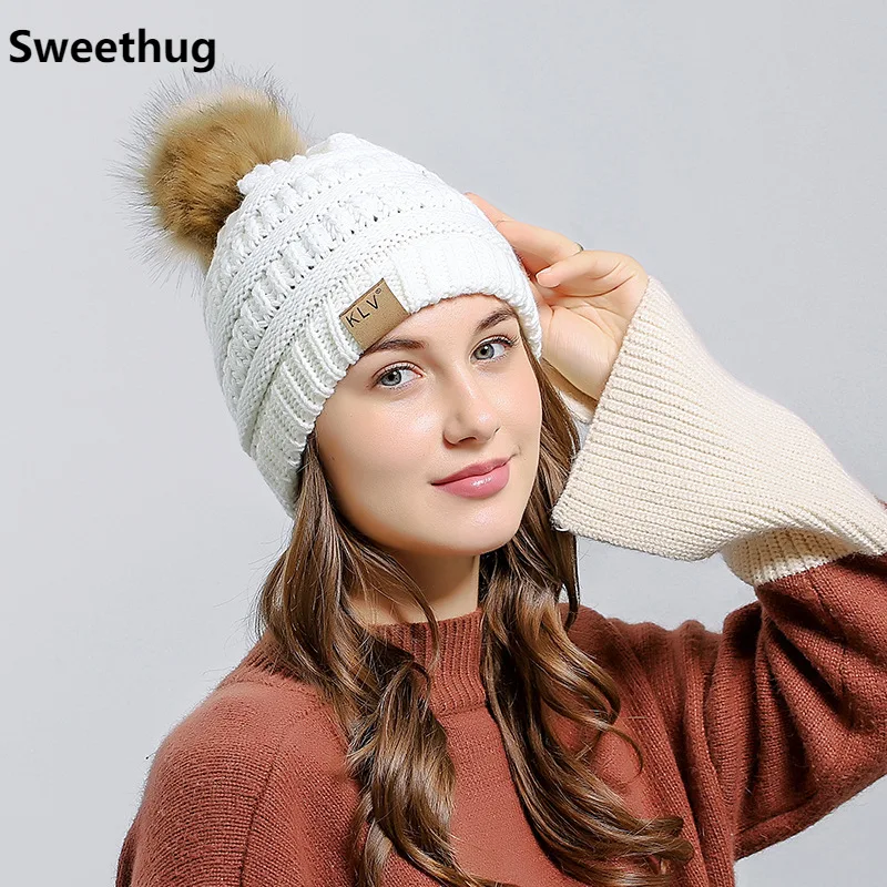 2021 Mayata зимние шапки для женщин вязаные Помпоны из искусственного лисьего меха