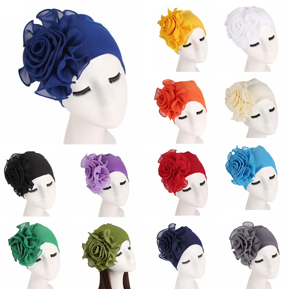 

Fashion Big Flower Headscarf Muslim Turban Hat Solid Color Bonnet Ready to wear Female India Hat Islamic Headwrap Hijab caps