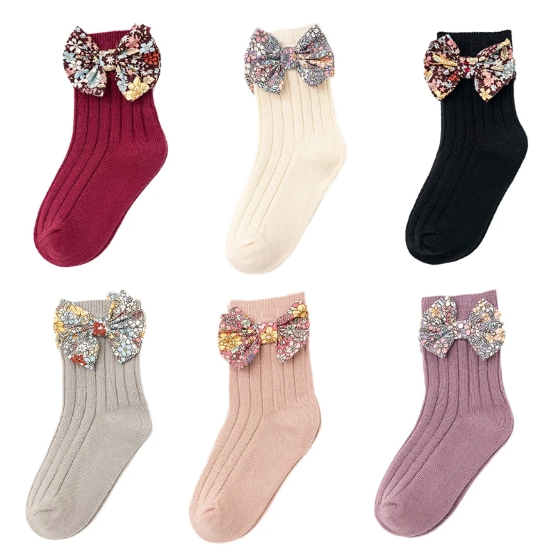 

Toddler Baby Girls Cotton Crew Socks Floral Print Bowknot Princess Stockings L9CD