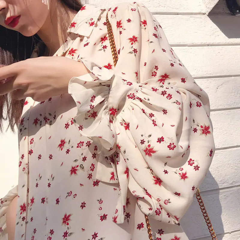 2020 High Collar Blouse Fashion Ladies Floral Long Sleeve Casual Shirt Top Loose Sleeve Printed Neck Blouse Shirt Top