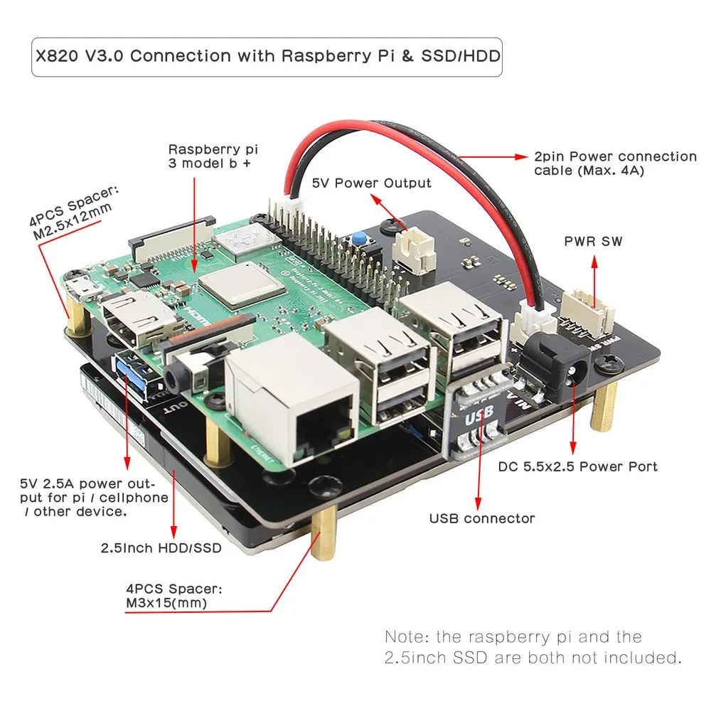 Raspberry Pi X820 V3.0 Плата расширения поддерживает 4 ТБ 2 5 жесткий диск SATA USB 3 0 для Model B + 3B