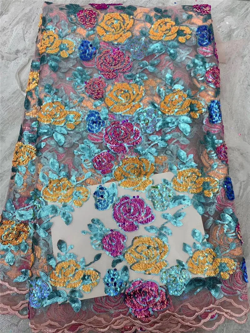 

Кружевная ткань, французский тюль с блестками и цветами, 5 ярдов/партия, африканская сетчатая кружевная ткань, 6JRB-6609, с цветами для красивого ...