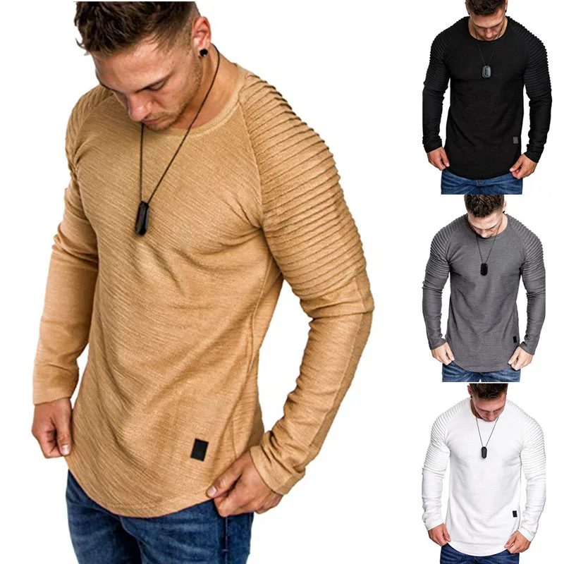

2021 spring and autumn new European and American men's wrinkled long-sleeved T-shirt European code slub cotton t-shirt trend