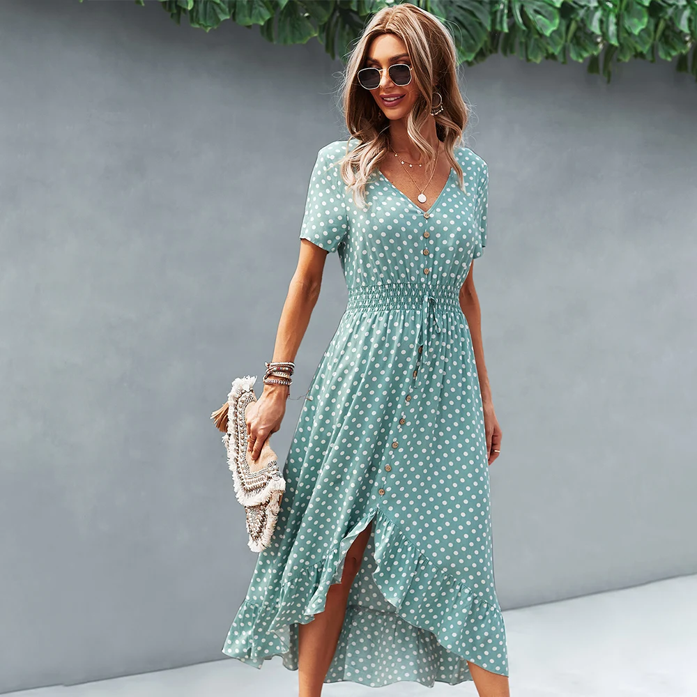

GXDS Summer Dresses Office Lady Boho Dot Pattern Women Clothing Black Viscose Outfits Loose Soft Casual Asymmetrical Dress 2021
