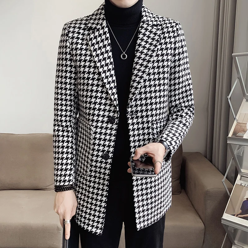 

Houndstooth Woolen Jacket Men 2021 Winter Long Lapel Casual Business Trench Coat Slim Social Overcoat Streetwear Windbreaker