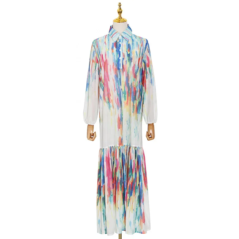 

New tie-dyed long sleeve seaside holiday lapel loose flounced long dress for women