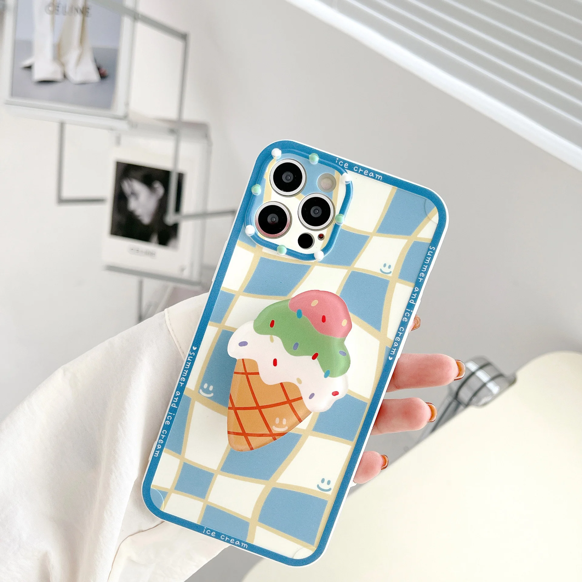 

Stylish Cute Checkerboard Camera Protection Ice Cream Stand Phone Case For Iphone 11 12 Pro Max X XR XS Max 13 Plus Back Cover
