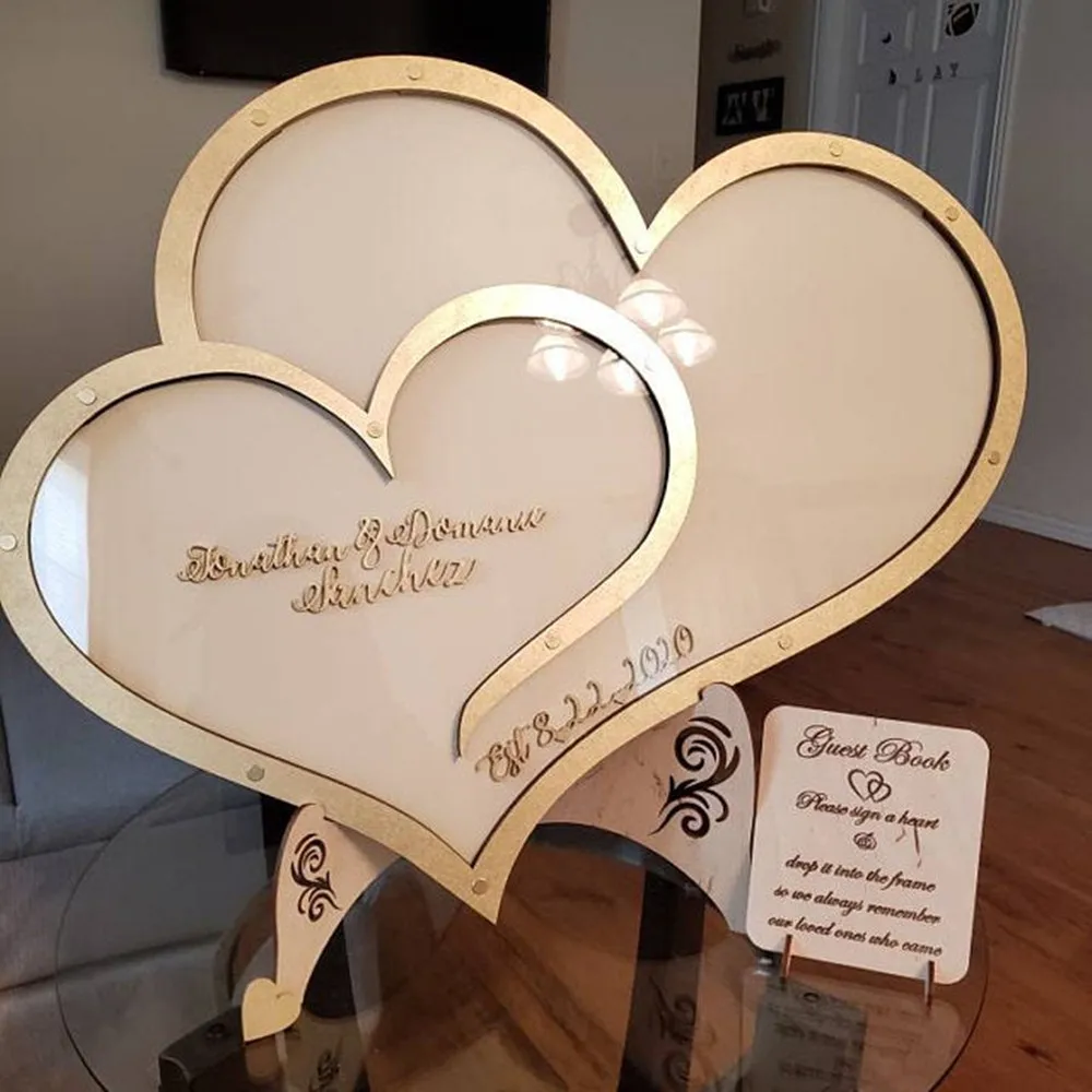 Custom Double Heart Shape Wedding Guest Book Decoration - Rustic Sweet Heart Drop Box Wedding Guestbook - Wooden Box 3D Drop Box Guest Book image 4
