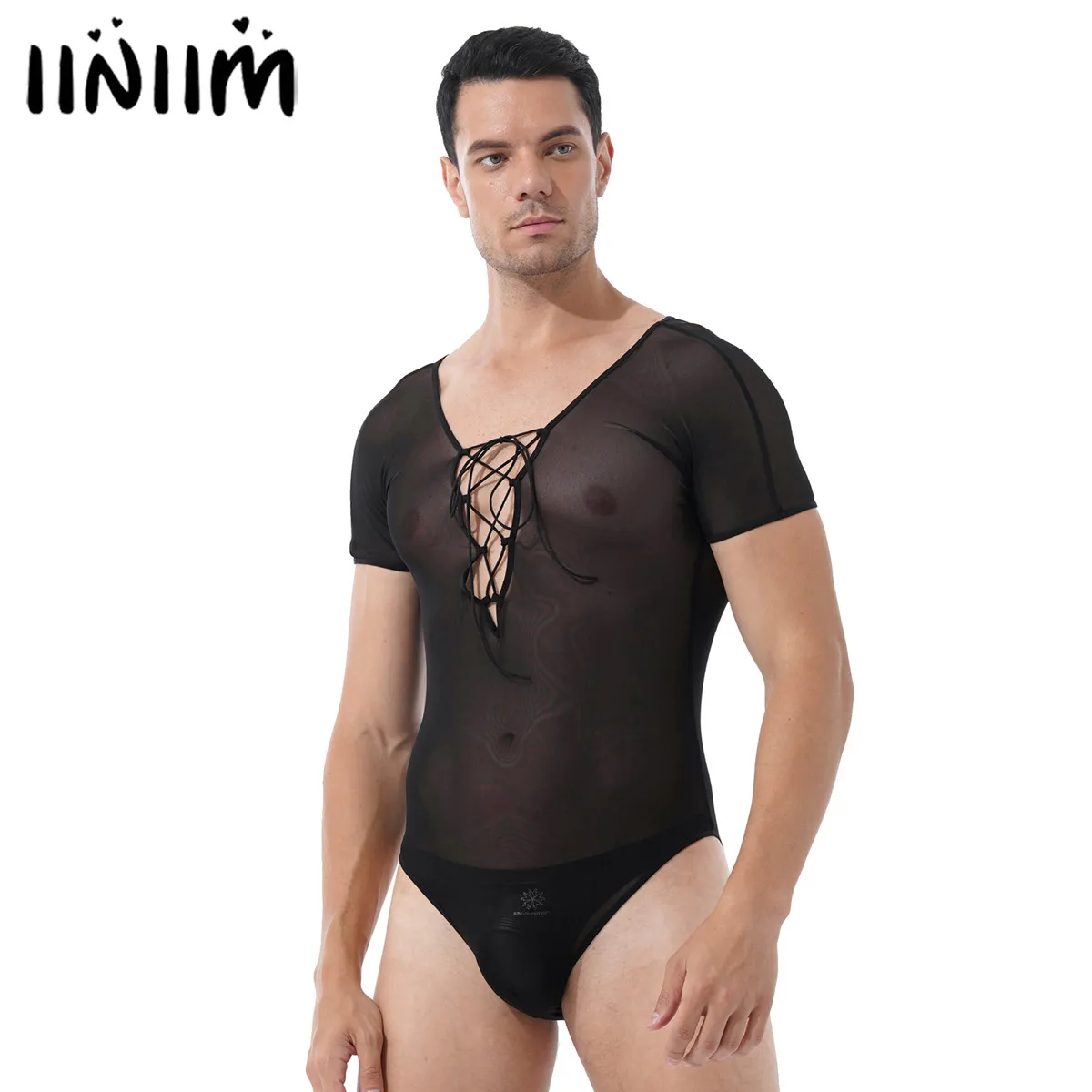 

Mens Sheer See-through Mesh Catsuit Sexy Deep V Neck Bodysuit Crisscross Lace-up Front Short Sleeve Leotard Sleepwear Clubwear