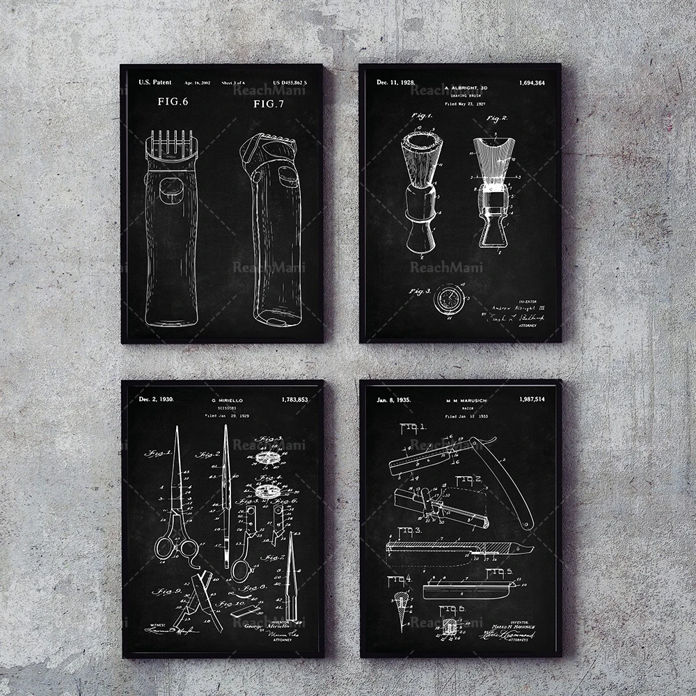 

Barbershop Patents Set of 4, Hipster Cool Gift, Brush, Razors, Shaving Machine, Scissors, Barber Shop Art, Patent Prints