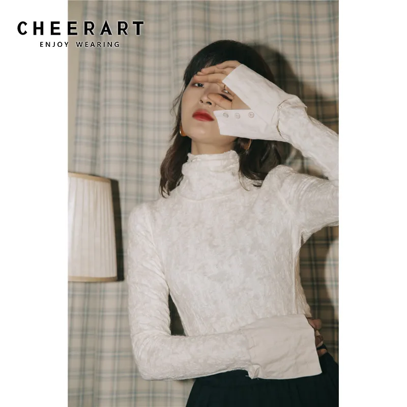 CHEERART водолазка Зимняя Блузка с длинным рукавом белая шерсть с расклешенными рукавами дизайнерский Топ Женская мода женская верхняя одежда