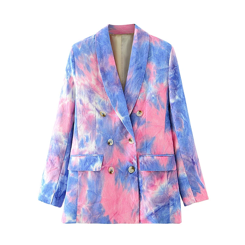 

Elegant women tie-dye print blazer ladies pocket jackets casual female button suits sweet blue and pink girls chic blazer