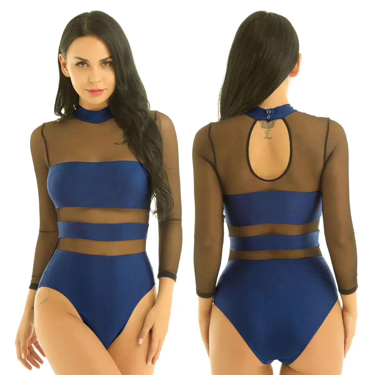 Navy Blue ChicTry взрослый макет шеи с длинным рукавом сетки Сращивание сексуальный боди латинские балетные гимнастические леотарды женский костюм для танцев выступлений - Цвет: Navy Blue