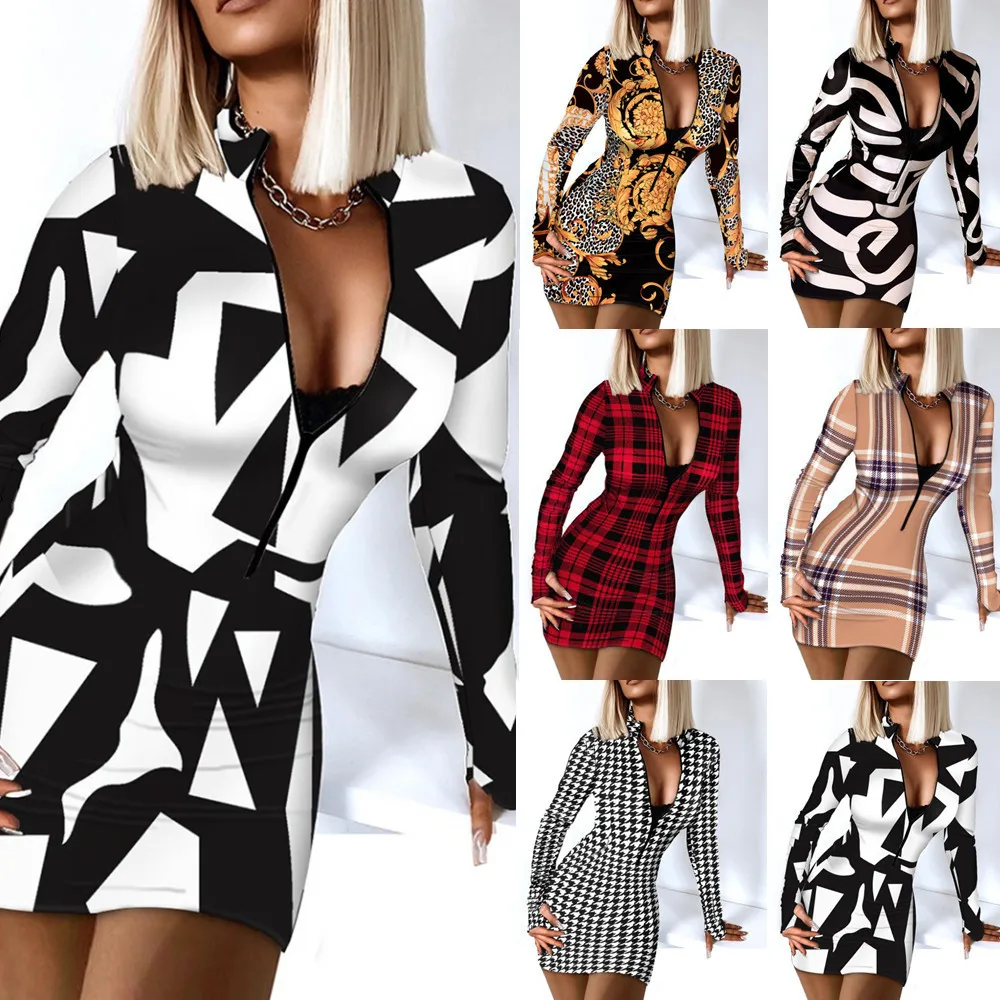 

Sexy Deep V-Neck Zip Slim Mini Dress Autumn Retro Pattern Print Boadycon Club Dress 2022 Spring Long Sleeve Women Fashion Dress
