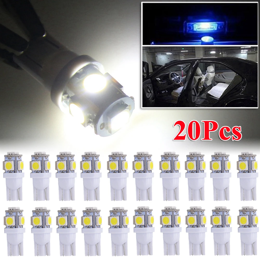 

20Pcs Car T10 White LED 5050 5smd Wedge Light Bulb W5W 194 168 2825 158 192 12V License Plate Car Turn Parking Signal Lamps