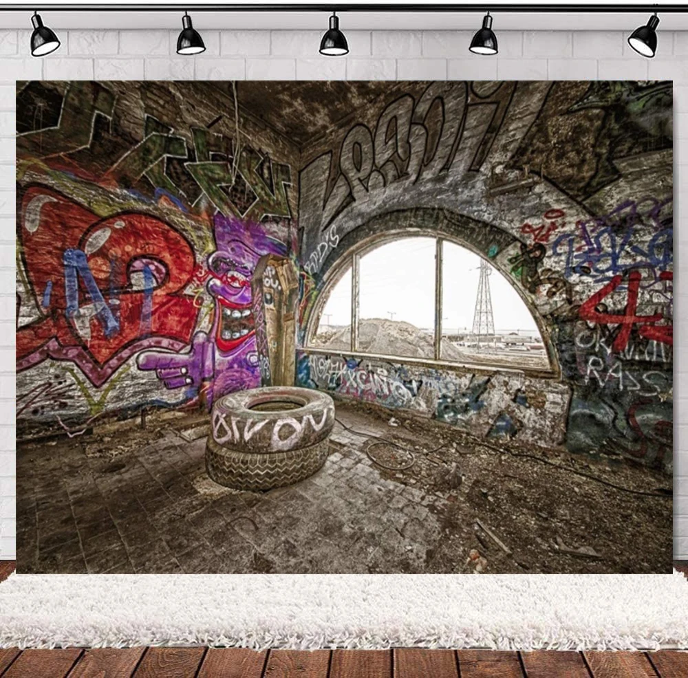 

Abandoned Factory Backdrop Empty Room Inside Grunge Graffiti Wall Coal Mine Rough Surface Oil Industry Photo Background Poster