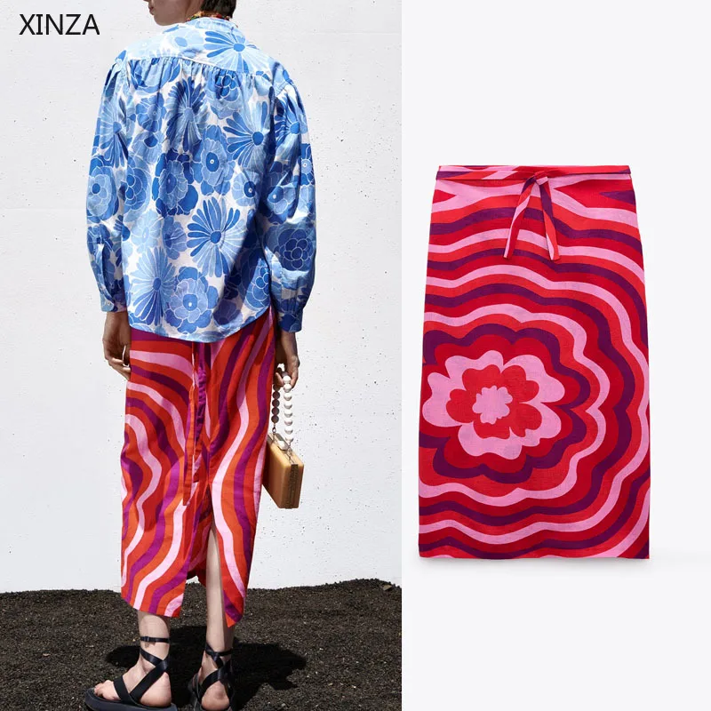 

Женская льняная юбка с принтом Za, красная элегантная юбка средней длины с высокой талией, поясом на завязках, молнией сзади и разрезом на под...