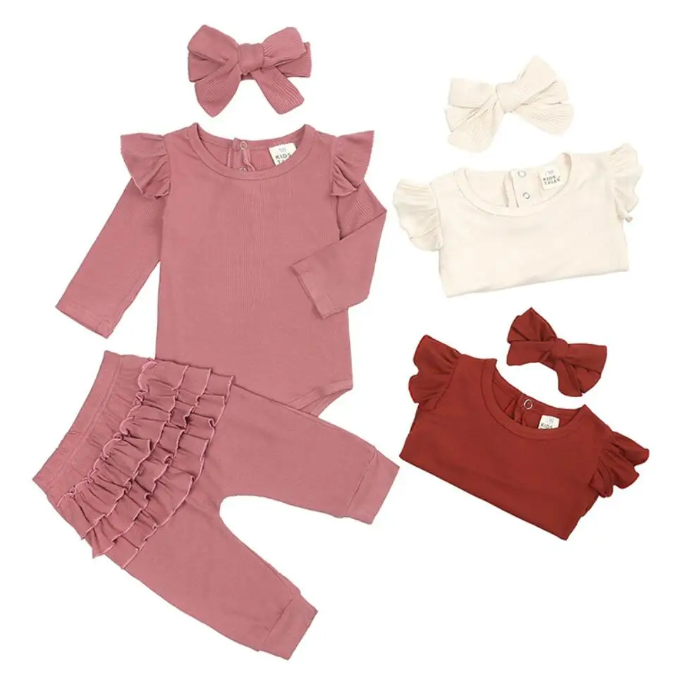 

Одежда для малышей Детская одежда для маленьких девочек 2021 осень модные однотонные комбинезон штаны с оборками + повязка на голову, комплек...