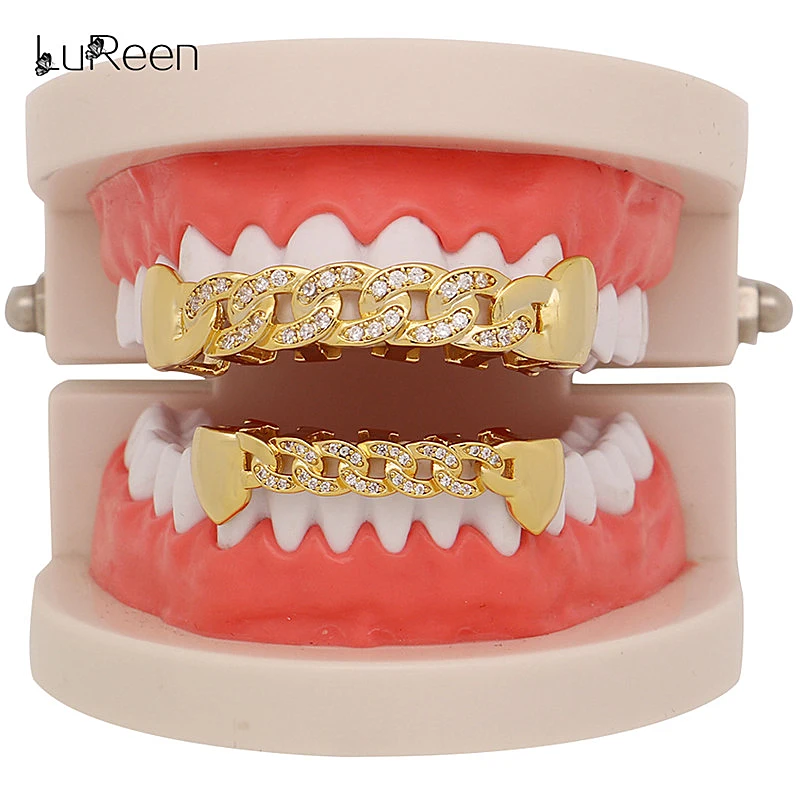 LuReen/золотистые полые зубцы с цепочкой со льдом для вампира Fangs Grillz золотые
