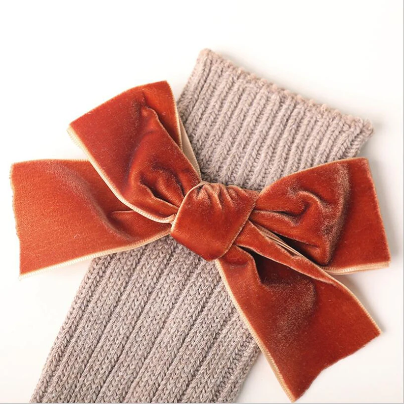 Широкие бархатные дизайнерские гольфы до колена с бантом и лентой для девочек