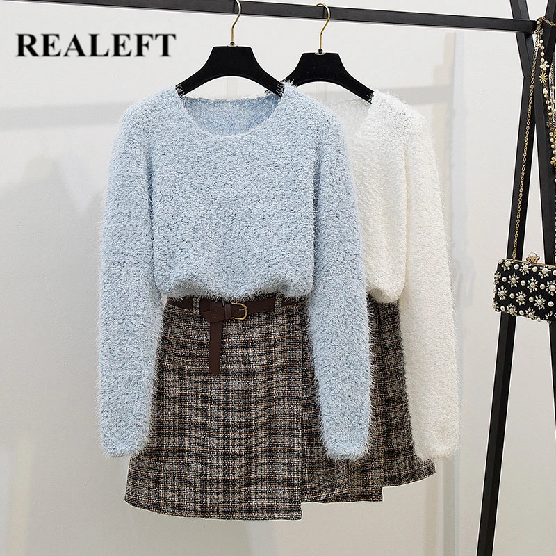 REALEFT осенне зимняя женская одежда комплект из 2 предметов вязаный теплый свитер с