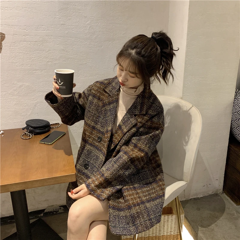 

maternity coat Winter Korean Overcoat Women Vintage Woolen Loose Coats female Double Breasted Turn-down Collar Overcoat