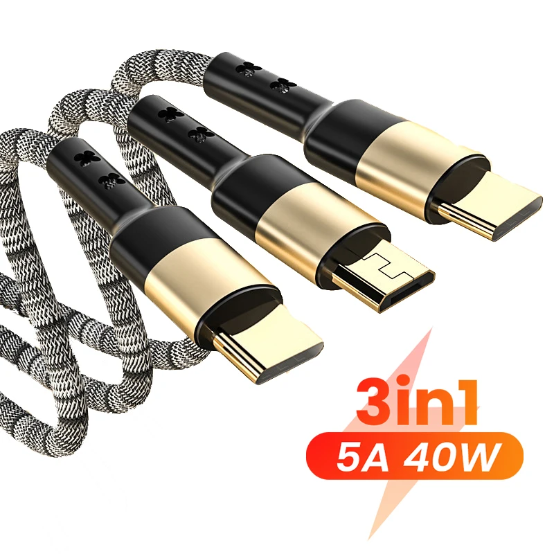 

3 in 1 5A USB Type C Cable PD 40W Fast Charging Cable For Huawei Mate 40 Pro Double Type C Micro USB Cable For Samsung Xiaomi 2m