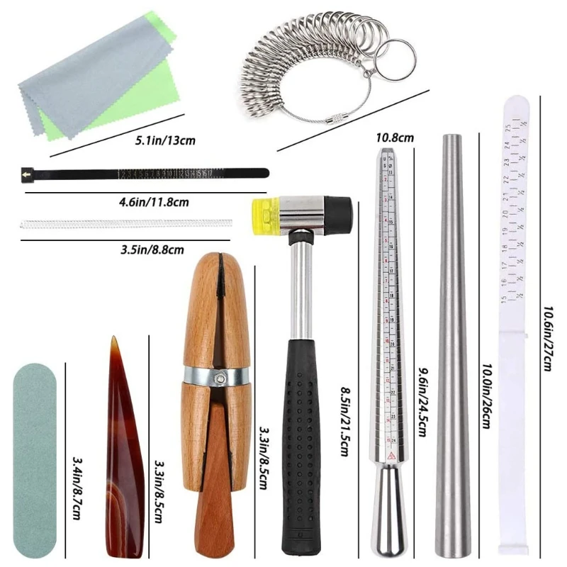 

13 Pcs Ring Mandrel Sizer Stick Finger Guage Hammer Wooden Ring Clamp Jewelry Measuring Tools Kit