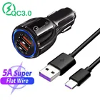Быстрая зарядка QC 3,0 USB Автомобильное зарядное устройство 5A Type C кабель для Huawei P20 Honor 9X 20 10 Redmi 9 8 Note 7 для samsung galaxy Tab S6 S20