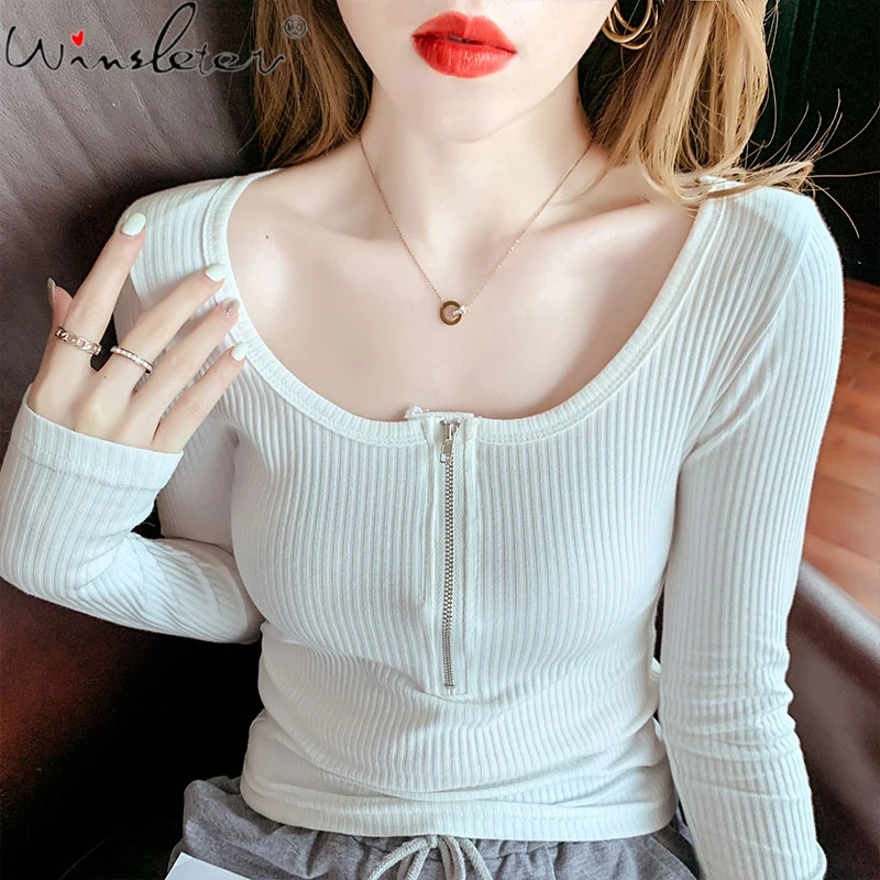 

Spring Fall European Clothes Short Cotton T-Shirt Chic Sexy Zipper Collarbone Square Collar Women Tops Long Sleeve Tees T17713A