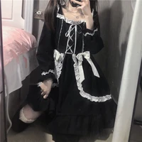 harajuku women black gothic lolita dress japanese style lantern sleeve kawaii cute bow short mini dress students lace up dress
