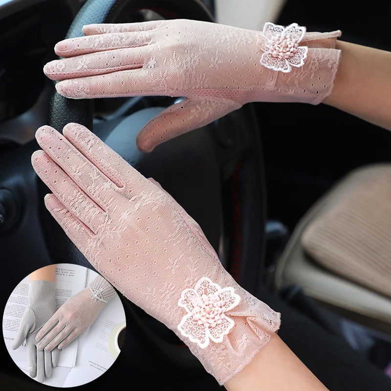 

Sunscreen Gloves Women Summer Thin Riding Driving Touch Screen Gloves Lace Ice Silk Imitation Slippery Thin Gloves