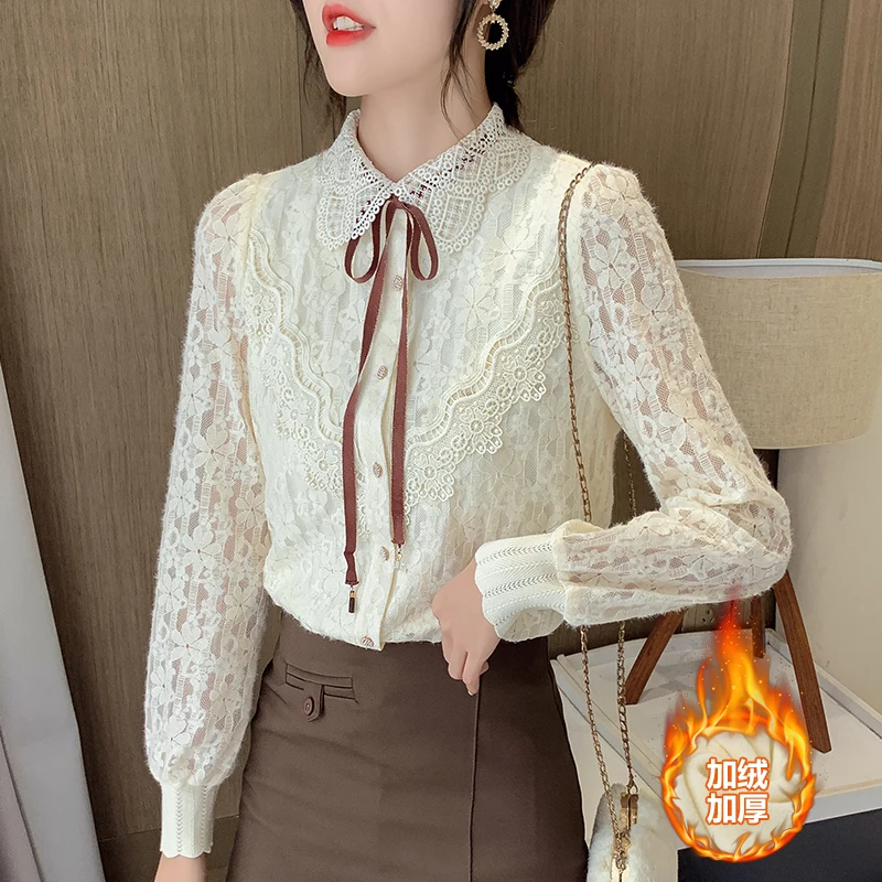 

COIGARSAM Full Sleeve blouse women New Lace blusas womens tops blouses Apricot And Velvet 6371