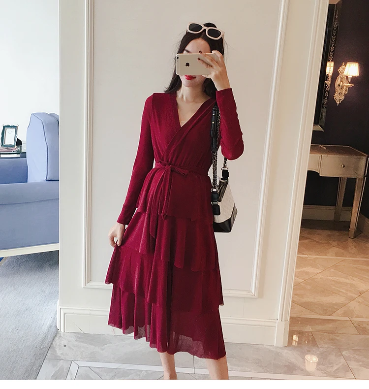 

Взрывной стиль платье для беременных весна и осень мода новый v-образный вырез длинный рукав однотонный для беременных прилив мама многосло...